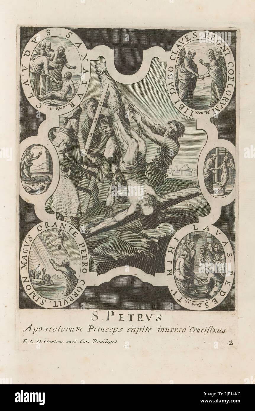 Martyrdom of Peter, S. Peter (title on object), Martyrdom of the Apostles (series title), Martyrdom of Peter, in a frame with six small scenes from his life. Part of a series of twelve representations of the martyrdom of the apostles. Part of an album of mainly Christian representations., print maker: anonymous, publisher: François Langlois, (mentioned on object), unknown, (mentioned on object), Paris, 1610 - 1647, paper, engraving, height 176 mm × width 120 mm, height 298 mm × width 182 mm Stock Photo