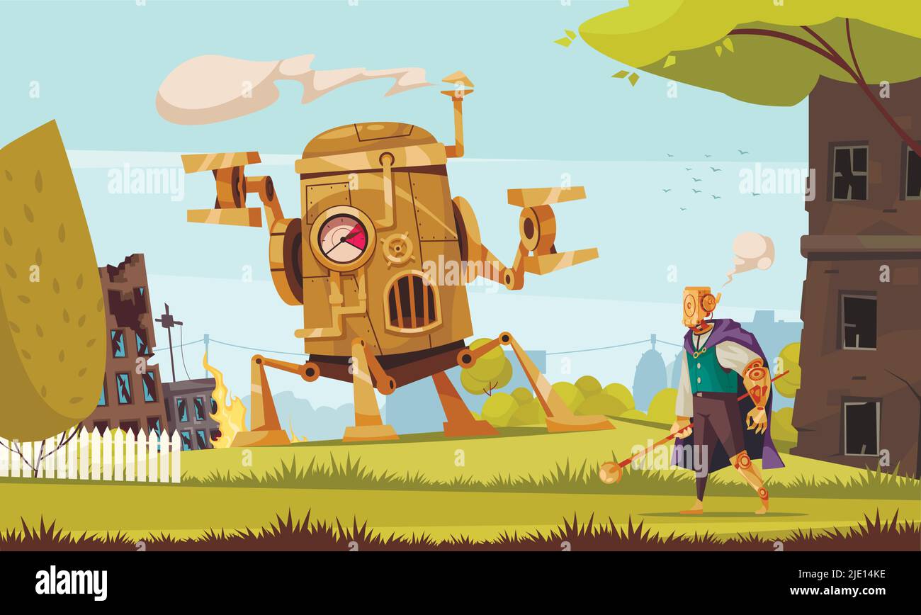 Cartoon steampunk machine and robot in clothes on background with ...