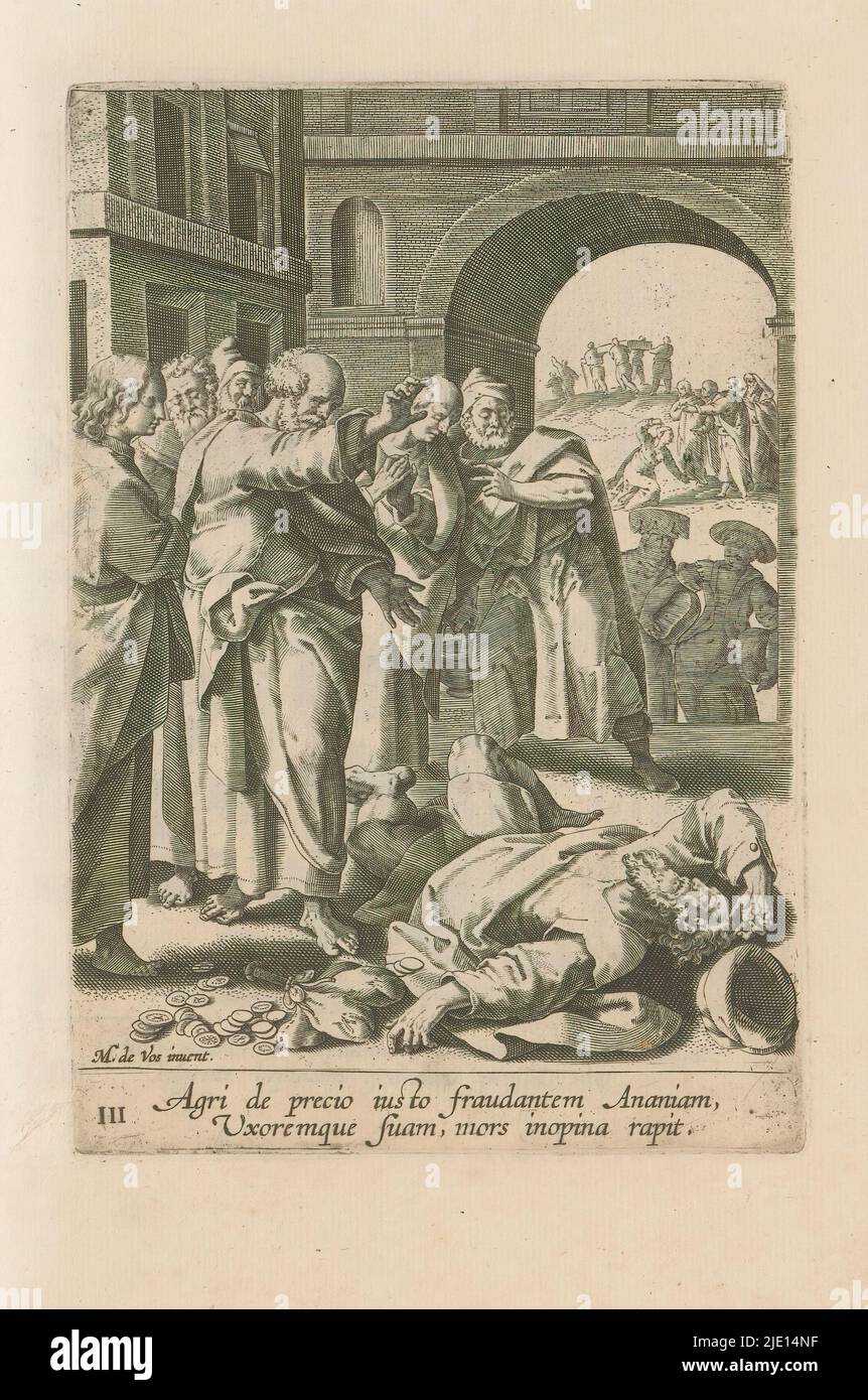Death of Ananias and Sapphira, Acts of the Apostles (series title), Death of Ananias and Sapphira. Numbered at lower left: III. At the bottom in the margin a two-line caption in Latin. Part of a series of twelve representations of the Acts of the Apostles. Part of an album of mainly Christian representations., print maker: anonymous, after design by: Maerten de Vos, (mentioned on object), publisher: Frederik de Wit, after design by: Antwerp, publisher: Amsterdam, 1580 - 1585 and/or 1654, paper, engraving, height 187 mm × width 130 mm, height 298 mm × width 182 mm Stock Photo