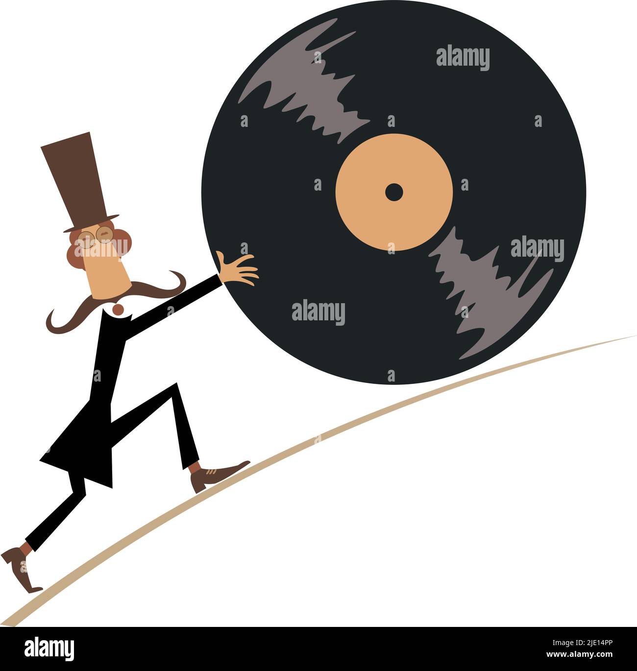 Cartoon man with long play record concept. Funny long mustache person in the top hat pushing big vinyl record. Isolated on white background Stock Vector