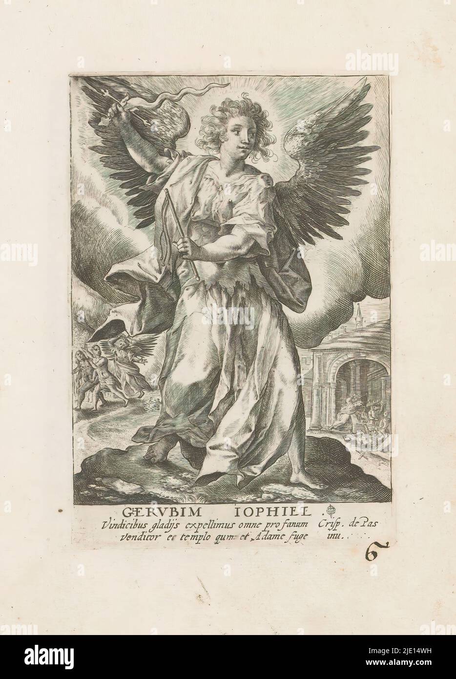 Archangel Jophiel, Gervbim Iophiel (title on object), Archangels and other angels (series title), Deus Pater ex quo Omnia Angeli (series title on object), Archangel Jophiel with scourge and flaming sword. On the left in the background, Jophylus chases Adam and Eve out of Paradise. On the right in the background, Christ is driving out the money changers from the temple. Part of a series of twelve depictions of archangels and other angels in this album. Part of an album of mainly Christian representations., print maker: Crispijn van de Passe (I), after own design by: Crispijn van de Passe (I), ( Stock Photo