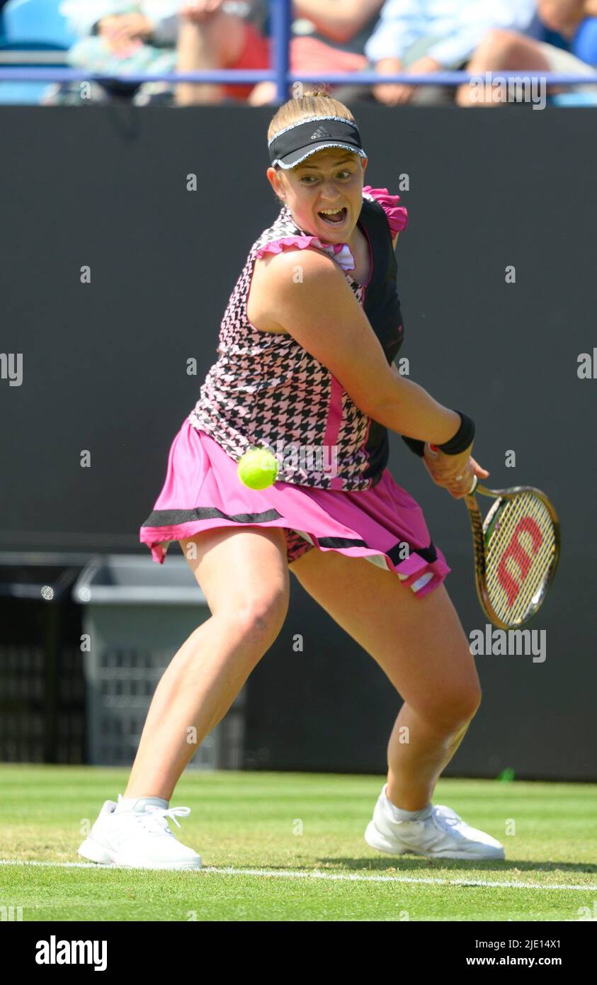 Jelena Ostapenko (Latvia) in her semi-final on centre court at the Rothesay International Tennis, Devonshire Park, Eastbourne, UK. 24th June 2022 Stock Photo