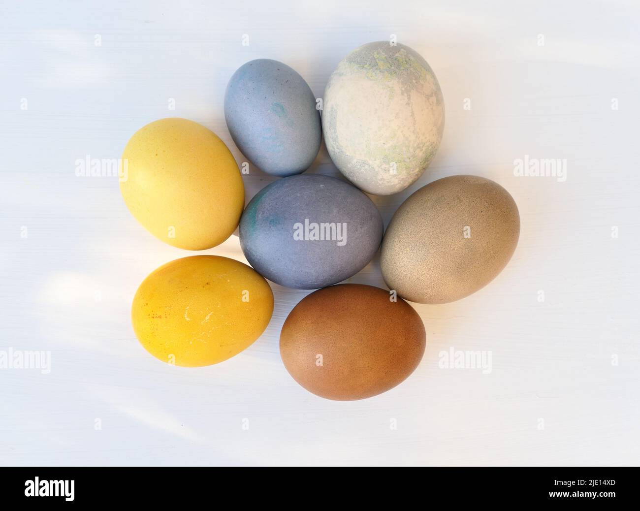 Easter eggs natural coloring on bright background. Colorful Easter eggs collection. Stock Photo