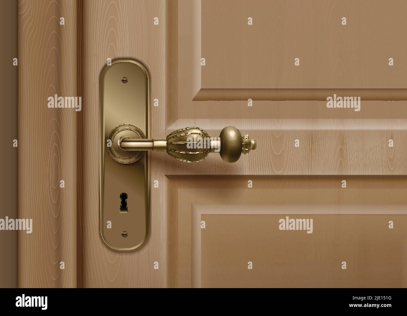 Door knobs handles realistic composition with closeup view of door with ornate handle and key