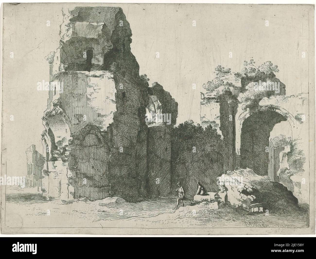 Roman ruins with two figures, Roman ruins with two figures from the series Pars murorum Romae veteris., print maker: Jan Gerritsz. van Bronckhorst, (mentioned on object), after drawing by: Cornelis van Poelenburch, (mentioned on object), 1613 - 1661, paper, etching, height 195 mm × width 265 mm Stock Photo