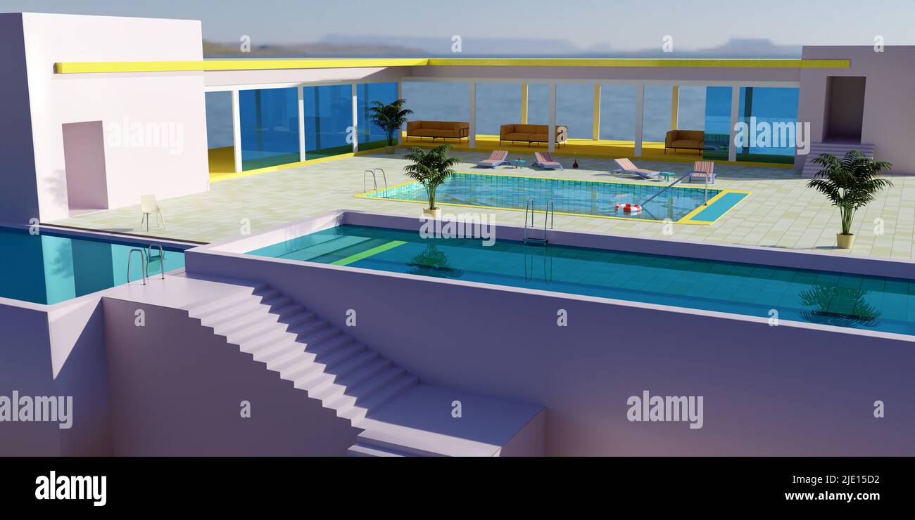 A hotel pool area with view to the sea Stock Photo