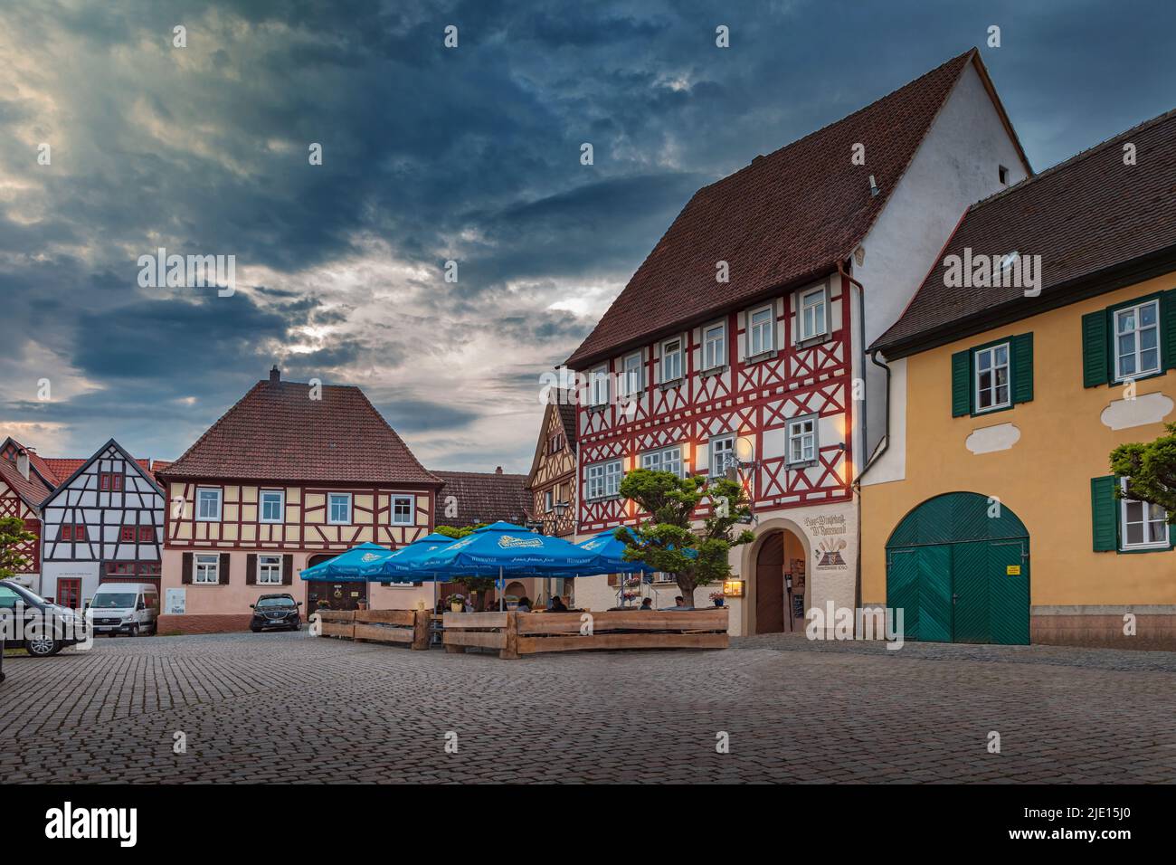 SESSLACH, BAVARIA, GERMANY - CIRCA MAY, 2022: The Marktplatz and Gasthof Reinwand in Sesslach town, Germany. Stock Photo