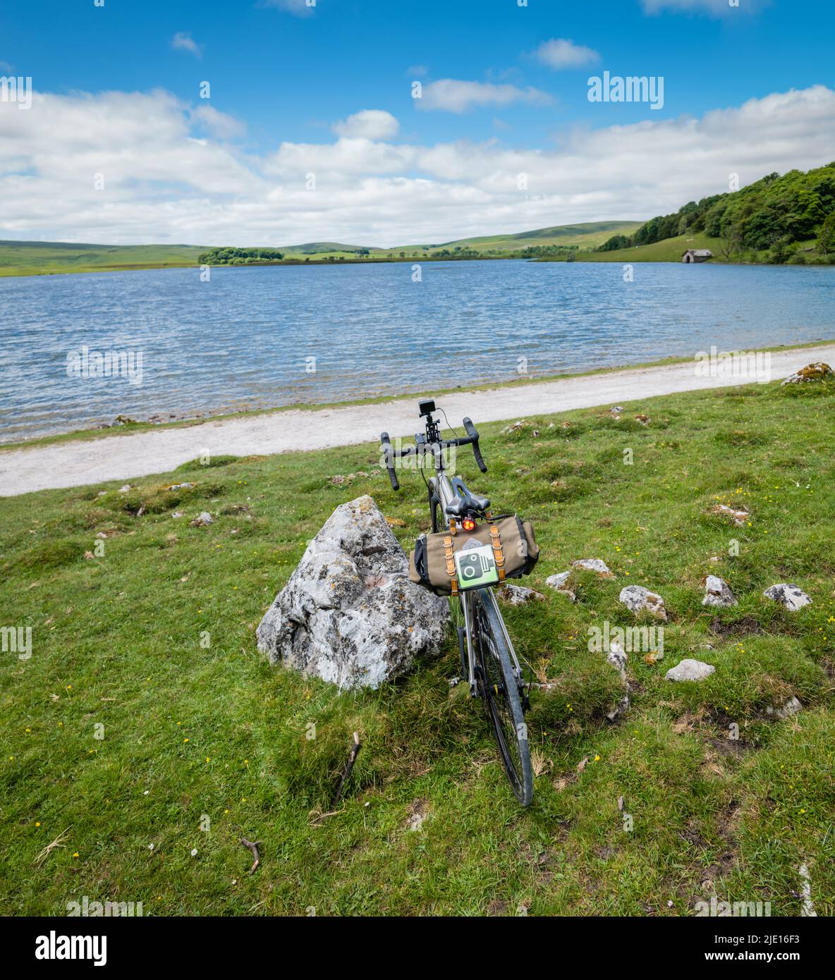 Titanium gravel bike next to Malham Tarn, Yorkshire Dales, UK. Stock Photo