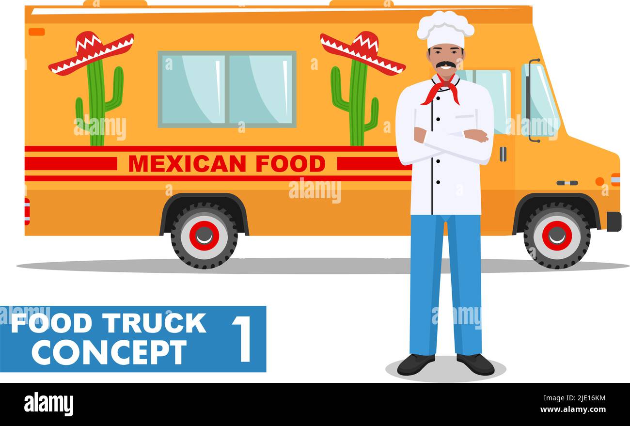 Modern delicious commercial food truck vehicle. Vector colorful flat mexican food truck and cook in uniform. Street cuisine. Auto restaurant, mobile k Stock Vector