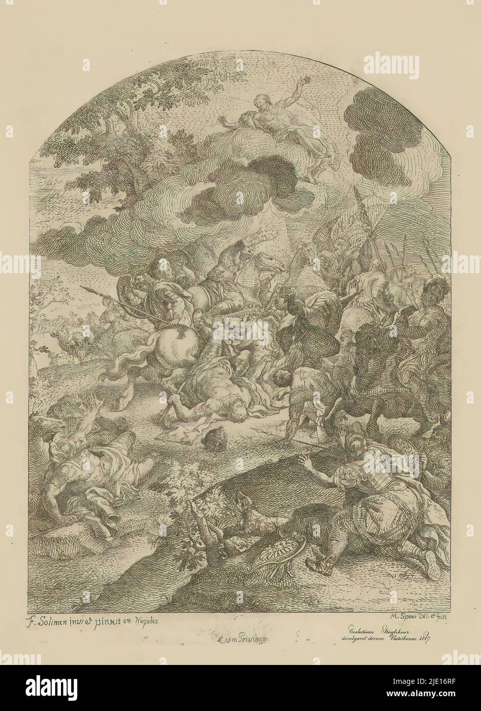 Battle scene with appearance of Christ, print maker: Martin Speer, (mentioned on object), after own design by: Martin Speer, (mentioned on object), after painting by: Francesco Solimena, (mentioned on object), print maker: Regensburg, after painting by: Naples, publisher: Regensburg, 1817, paper, etching, height 342 mm × width 251 mm Stock Photo