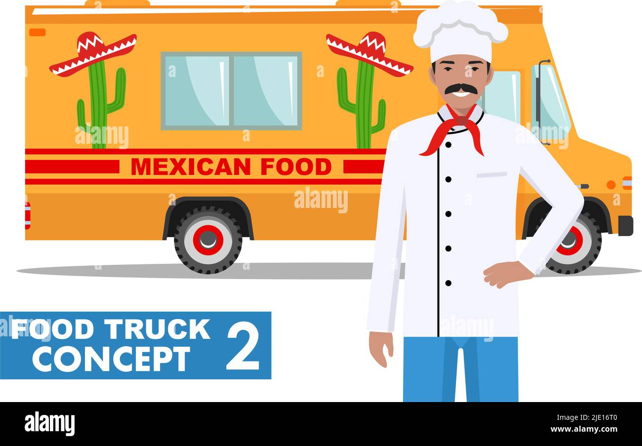 Modern delicious commercial food truck vehicle. Vector colorful flat mexican food truck and cook in uniform. Street cuisine. Auto restaurant, mobile k Stock Vector