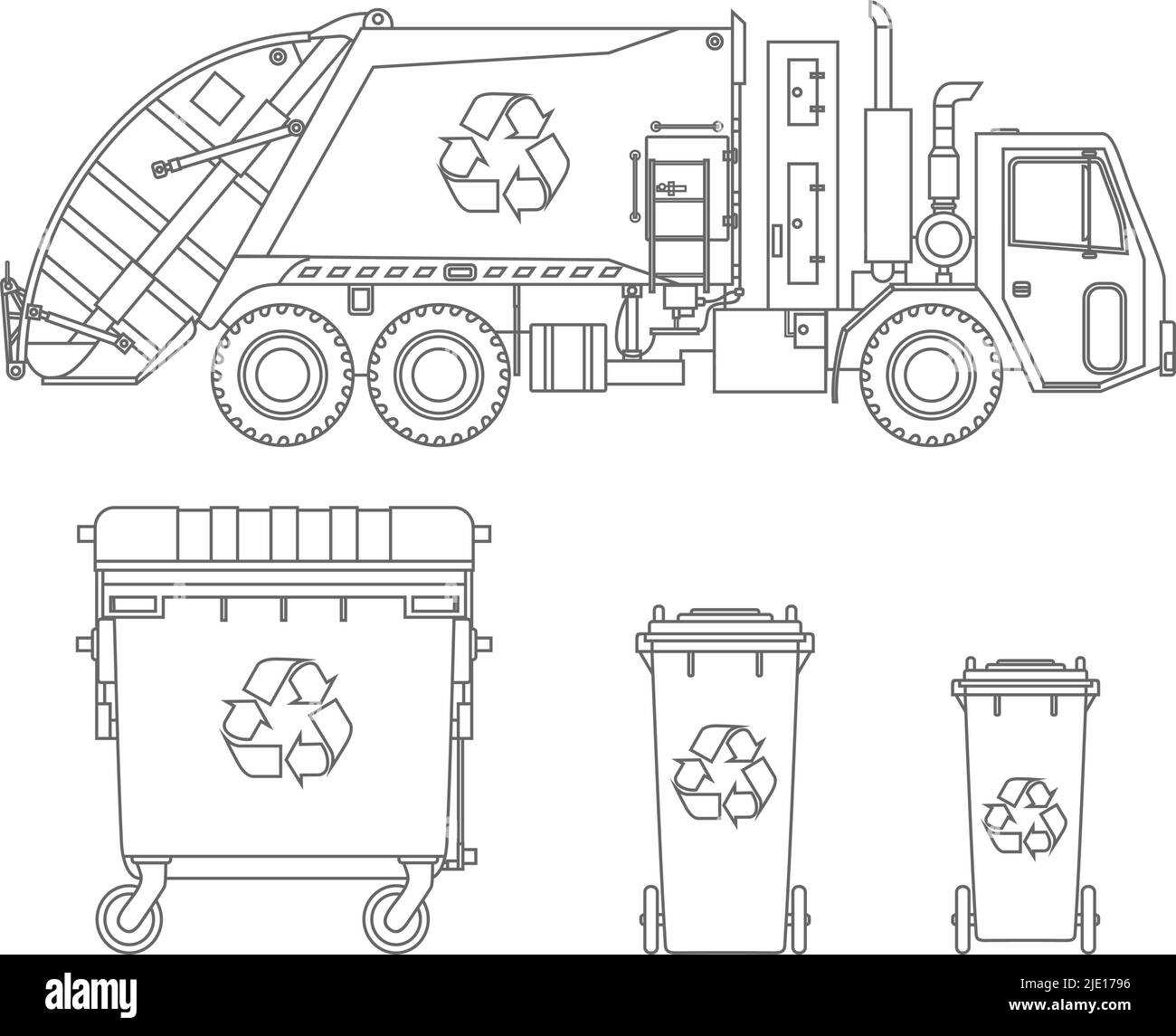 Garbage truck and three variants of dumpsters on white background in flat style. Stock Vector