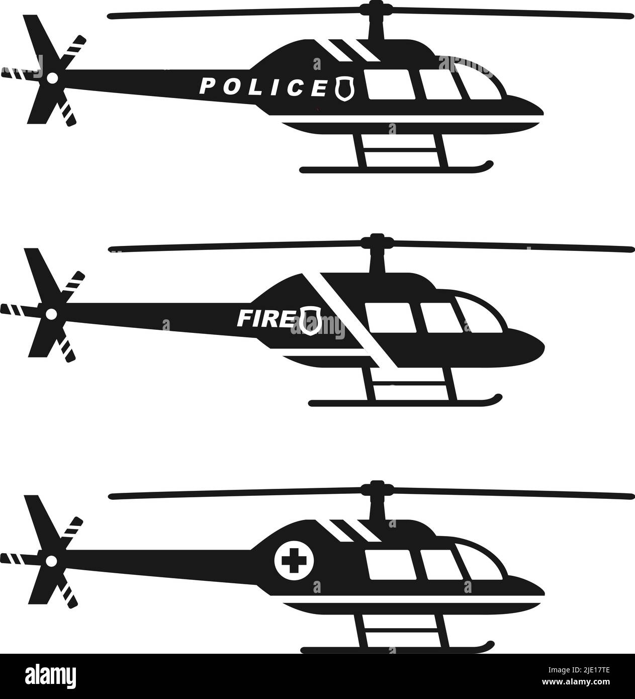 Silhouette illustration of medical, police and fire helicopters on white background. Stock Vector