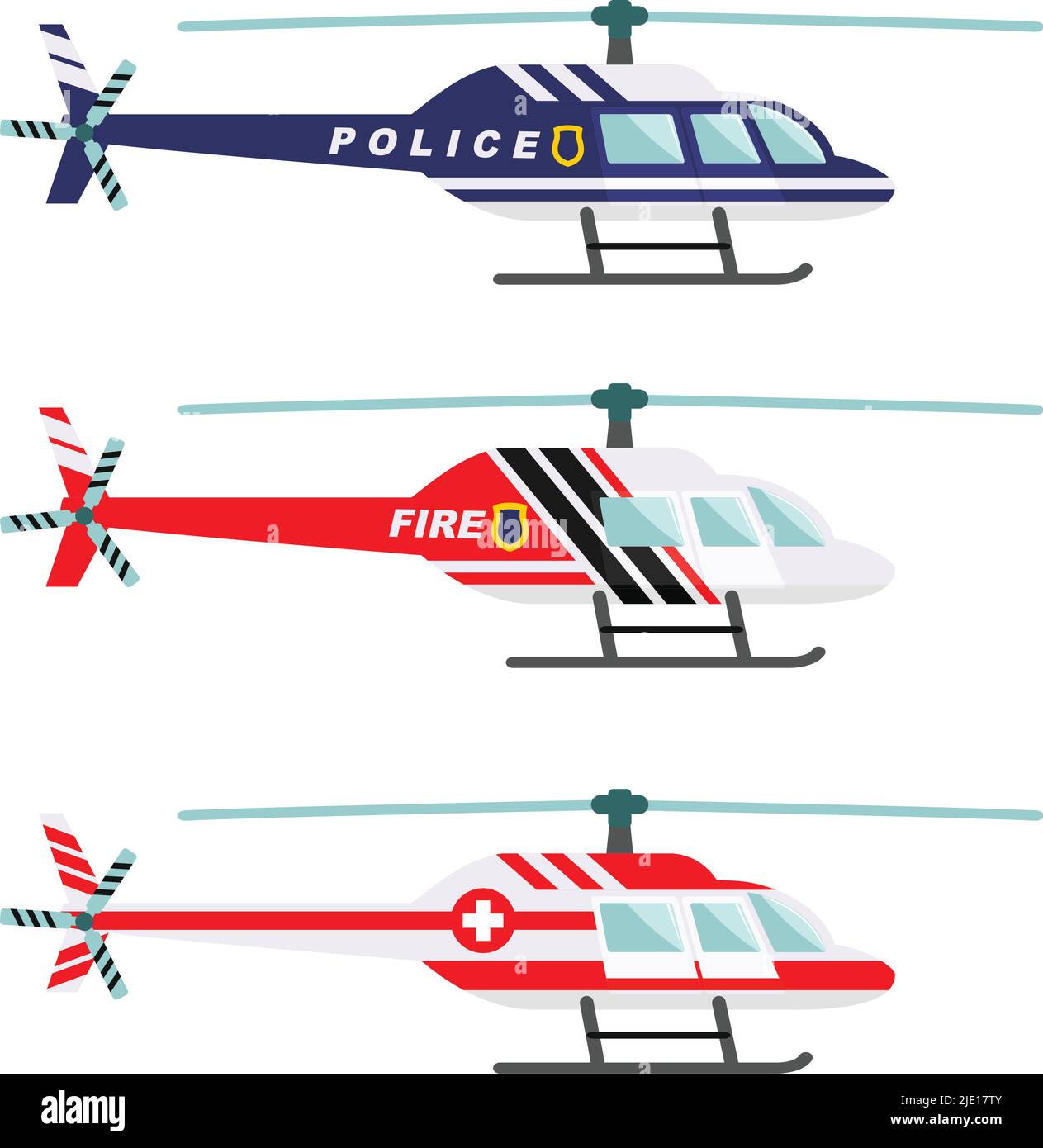 Detailed illustration of medical, police and fire helicopter in flat style on white background. Stock Vector