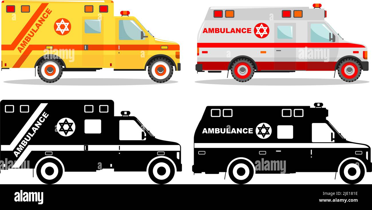 Detailed illustration of colored and black silhouettes jewish car ambulances in a flat style on a white background. Vector illustration. Stock Vector