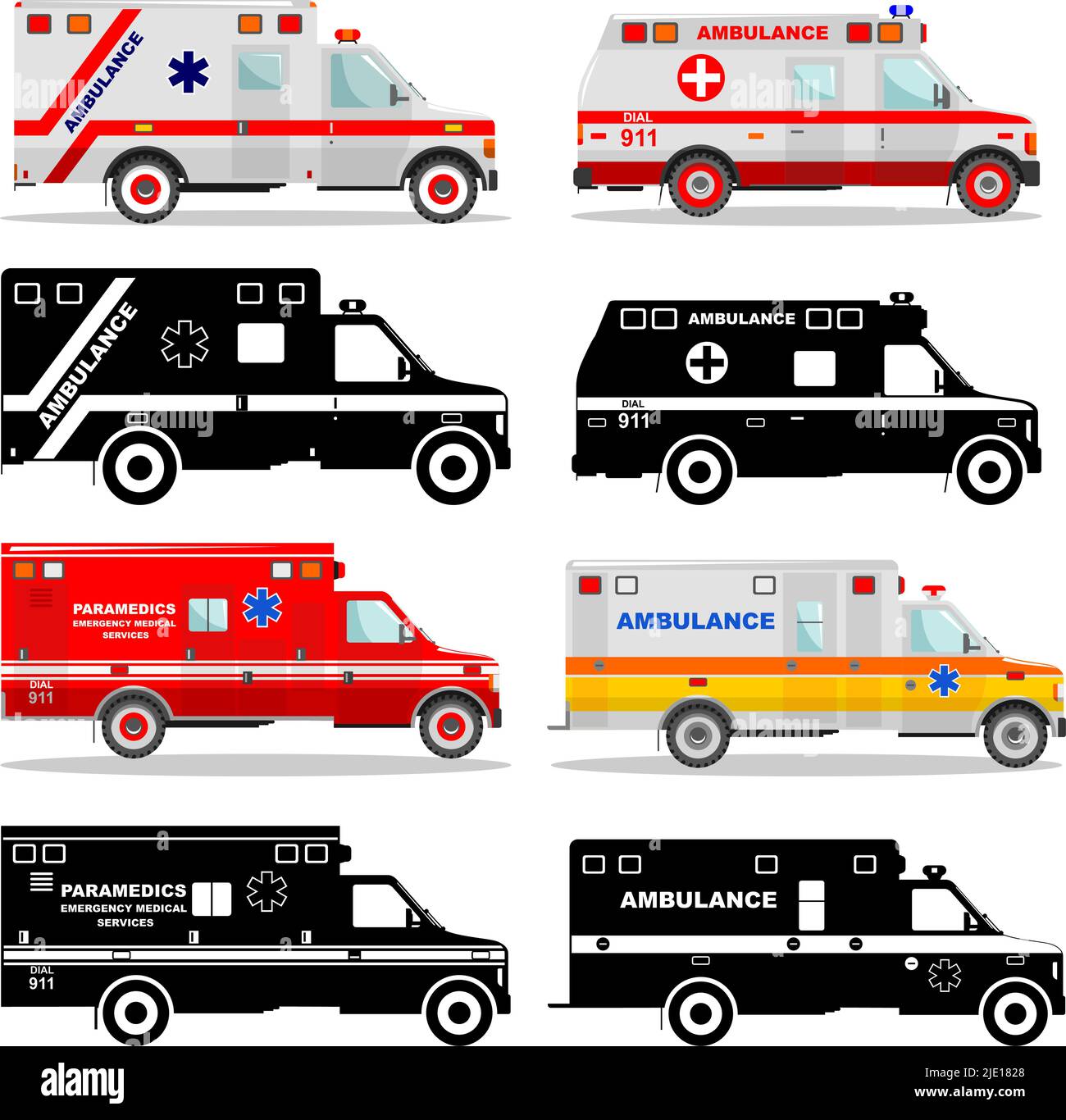 Detailed illustration of colored and black silhouettes car ambulances in a flat style on a white background. Emergency service cars. Vector illustrati Stock Vector