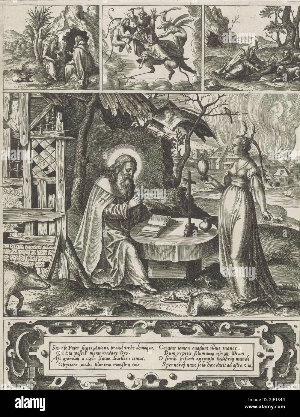 Request of St. Anthony, St. Anthony is kneeling before a hut, at a round table on which is an open book and crucifix. Before him appears a woman with deer antlers and snake tail on her head, a jug in her hand. On the left, the boar. In the background a burning city. At top in three frames three scenes from his life. At bottom a caption in Latin in a cartouche., print maker: Pieter Huys, (attributed to), after own design by: Pieter Huys, Antwerp, c. 1560 - c. 1580, paper, engraving, height 262 mm × width 203 mm Stock Photo