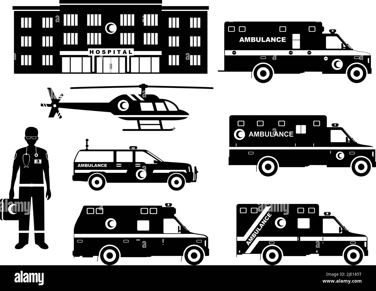 Silhouettes illustration of muslim arabian ambulance cars, hospital, medical people and helicopter isolated on white background. Stock Vector