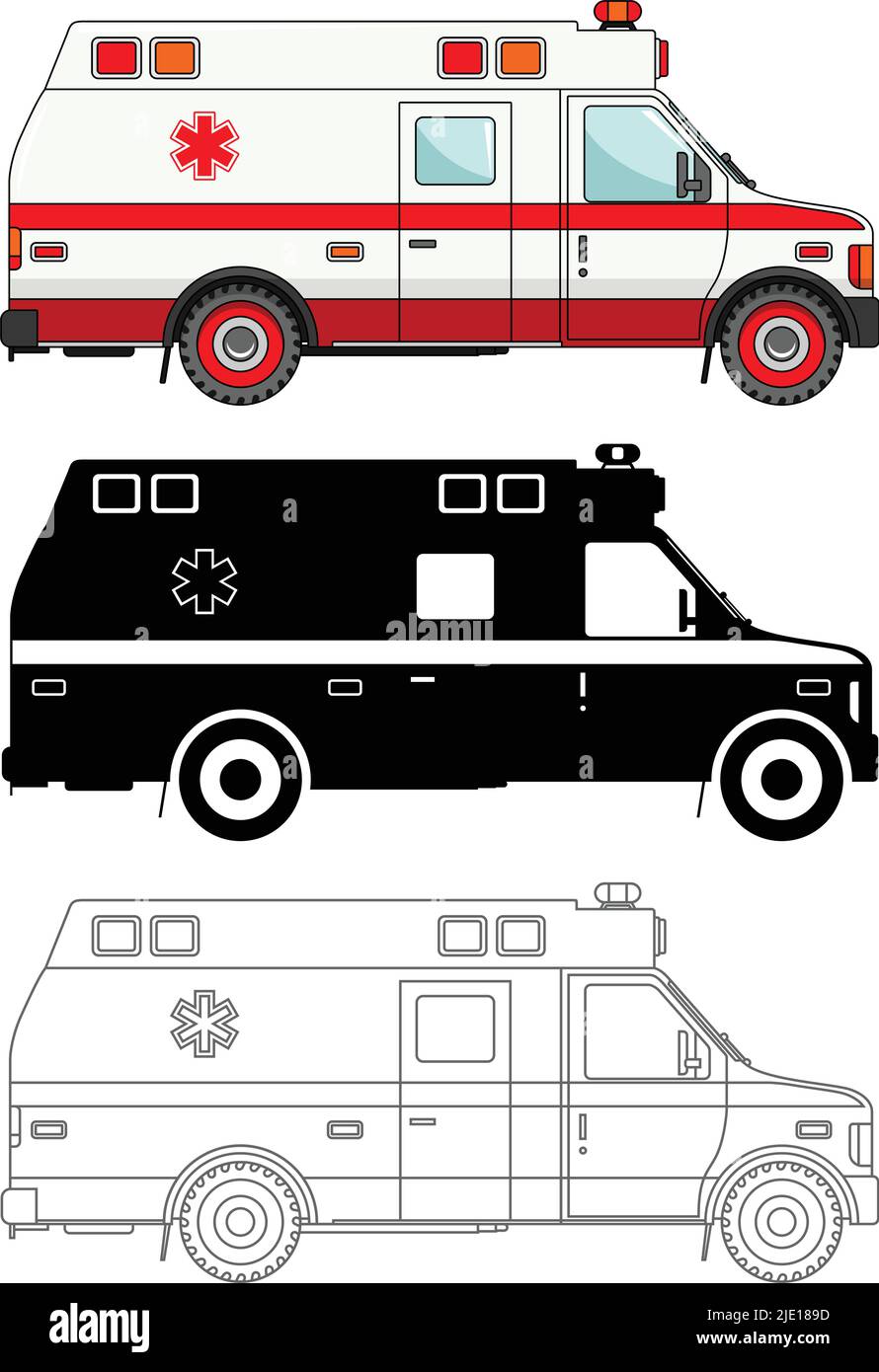 Detailed illustration of ambulance cars isolated on white background in flat style. Stock Vector