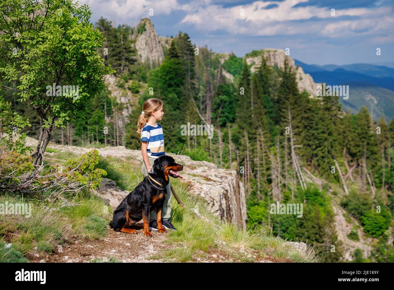 A little pensive dreamy girl with blond hair stands next to her big obedient faithful dog of the Rottweiler breed on a high rocky peak with mountain v Stock Photo