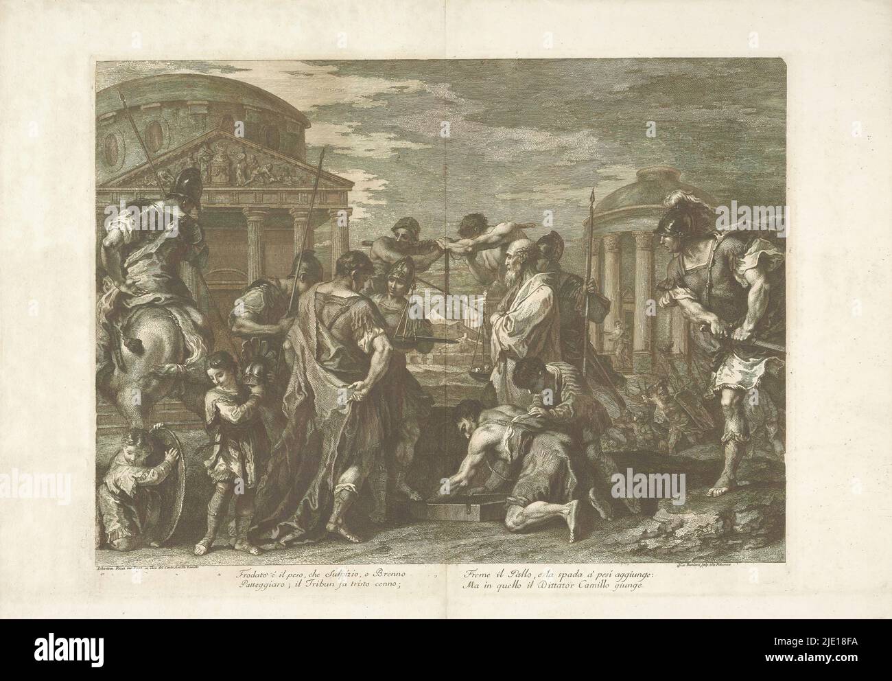 Furius Camillus liberates Rome besieged by Brennus, Furius Camillus liberates Rome besieged by Gallic leader Brennus. Camillus and his army approaching from the right. In the foreground a group of men. In the background classical buildings. Italian verse in two columns in lower margin., print maker: Francesco Bartolozzi, (mentioned on object), after painting by: Sebastiano Ricci, (mentioned on object), Anton Maria II Zanetti, (mentioned on object), Italy, 1738 - 1815, paper, etching, height 440 mm × width 560 mm Stock Photo