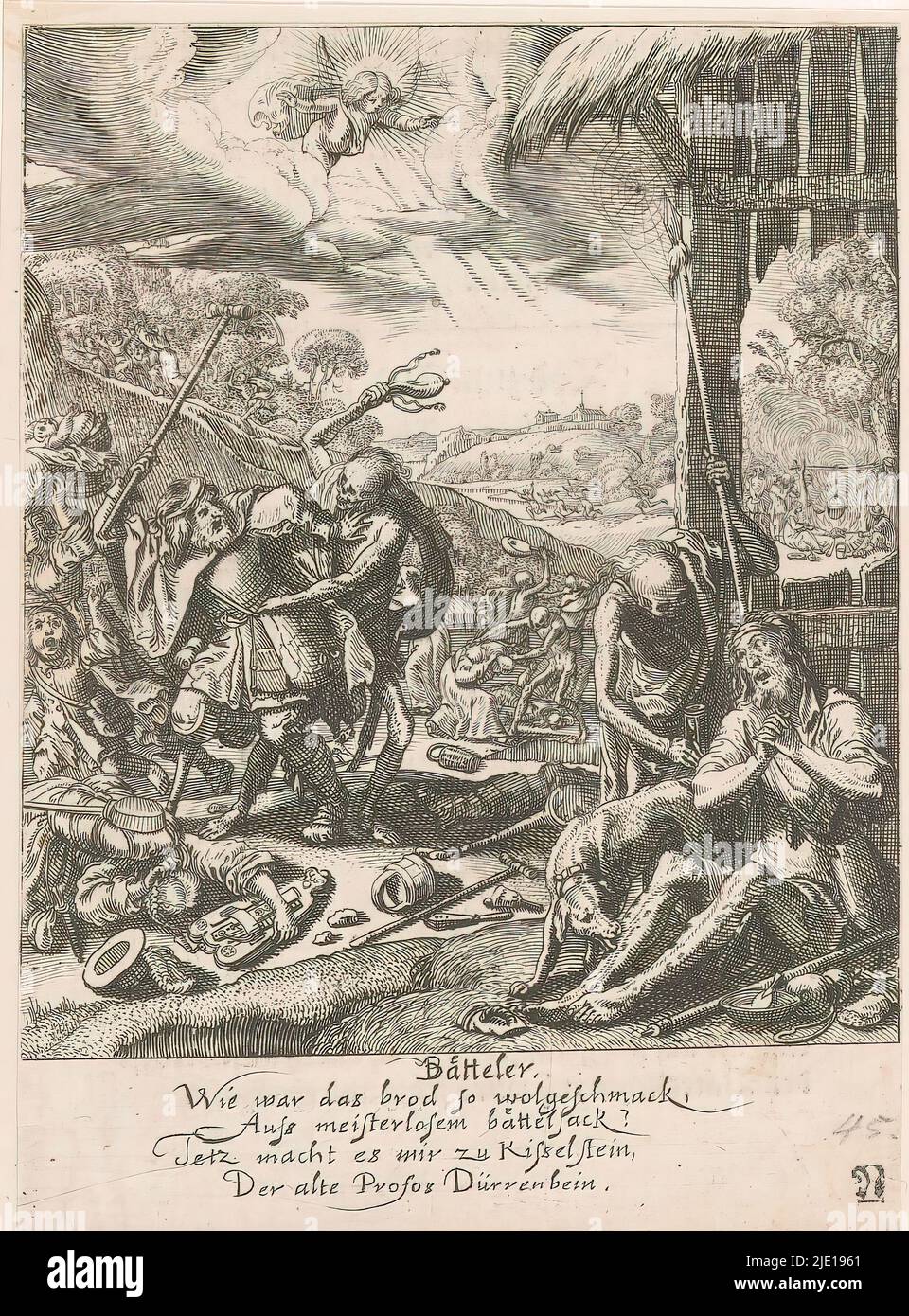 Beggars and Death, Baetteler (title on object), The Dance of Death (series title), Beggars in battle with death, while an angel emerges from the clouds. Front right a man whose wounds are licked by a dog., print maker: Rudolph Meyer, print maker: Conrad Meyer, after design by: Rudolph Meyer, 1650, paper, etching, height 149 mm × width 108 mm Stock Photo