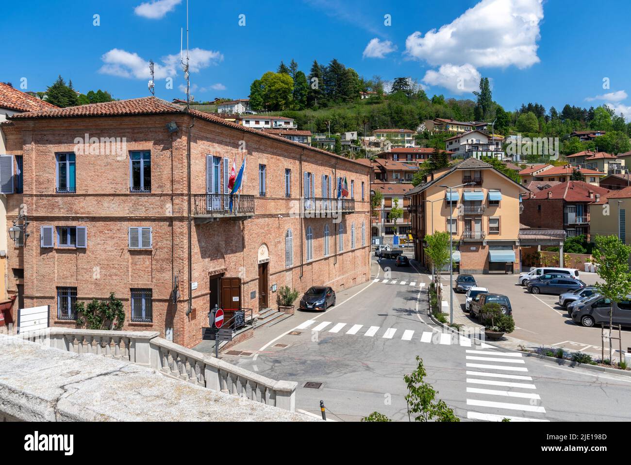Monforte d'Alba, langhe, Italy - May 02, 2022: the town hall building of Monforte d'Alba village on the Langhe hill of the barolo wine vineyards Stock Photo