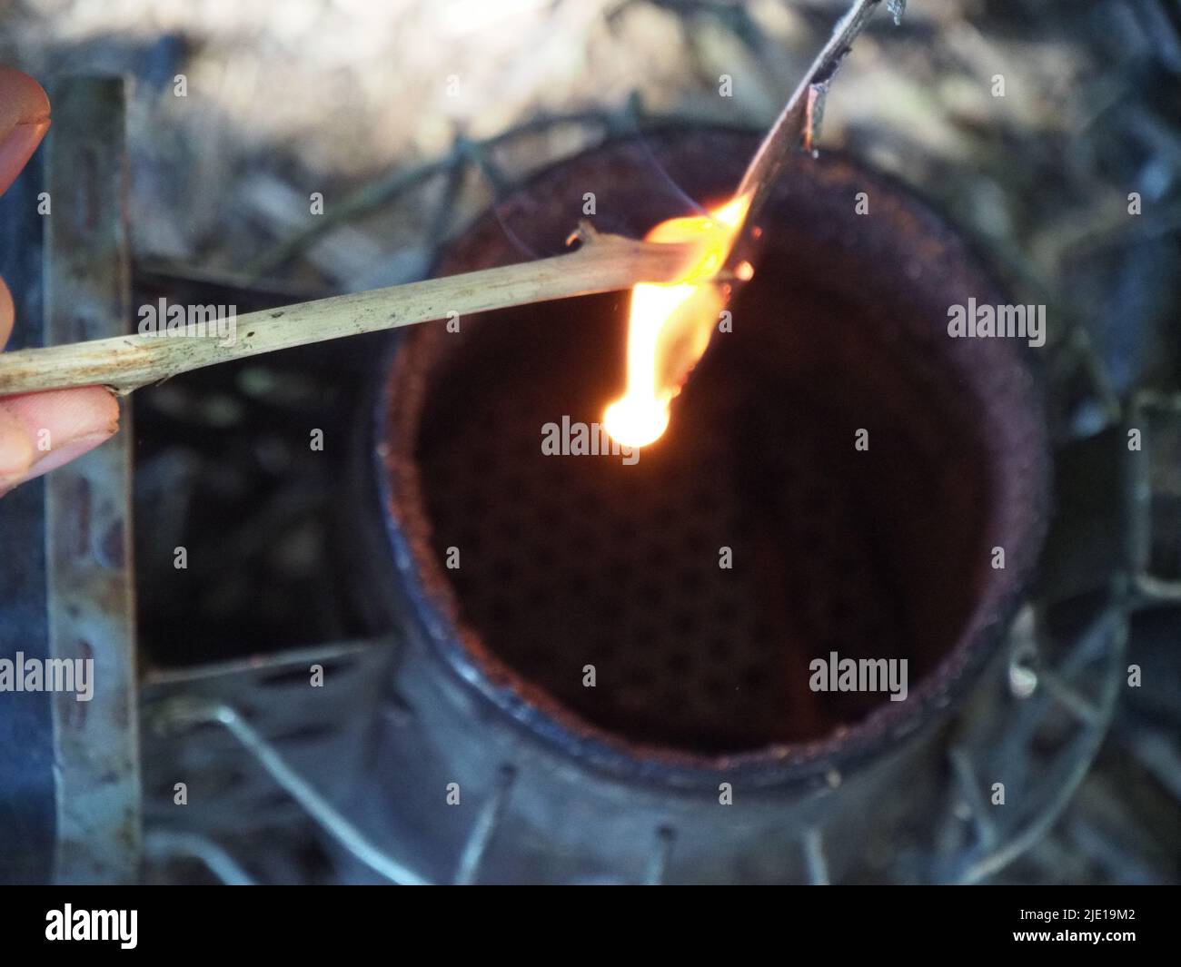 starting a bee smoker before harvesting honey hives in the farm Stock