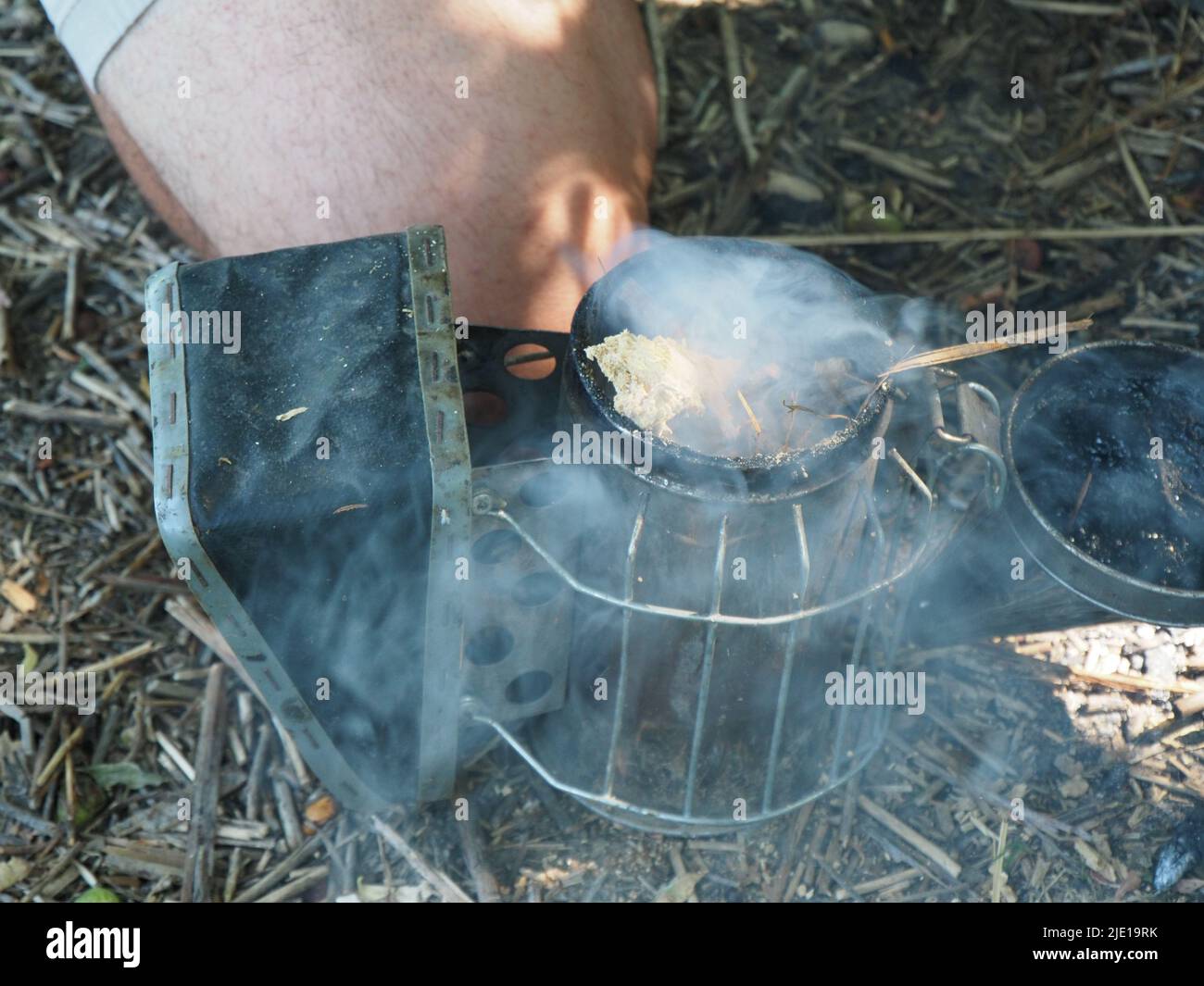 starting a bee smoker before harvesting honey hives in the farm Stock
