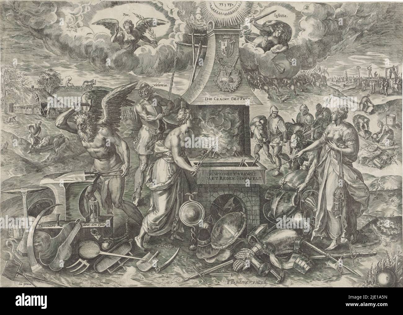 The power of peace, 1577, Die Cracht des Peys (title on object), Allegories on the renewed period of peace in the Netherlands (series title), Allegory on the peace concluded with the Eternal Edict of 1577. Prudence (Prudentia) forges swords into plowshares in a furnace. She is helped by Reason (Ratio). On the chimney the coat of arms of Don Juan. Father Time forges agricultural tools from weapons and armor. Violence (Violentia) is chained to the anvil and is forced to help stoke the furnace. In the right background, the end of the war is depicted. On the left in the background, fields are bein Stock Photo