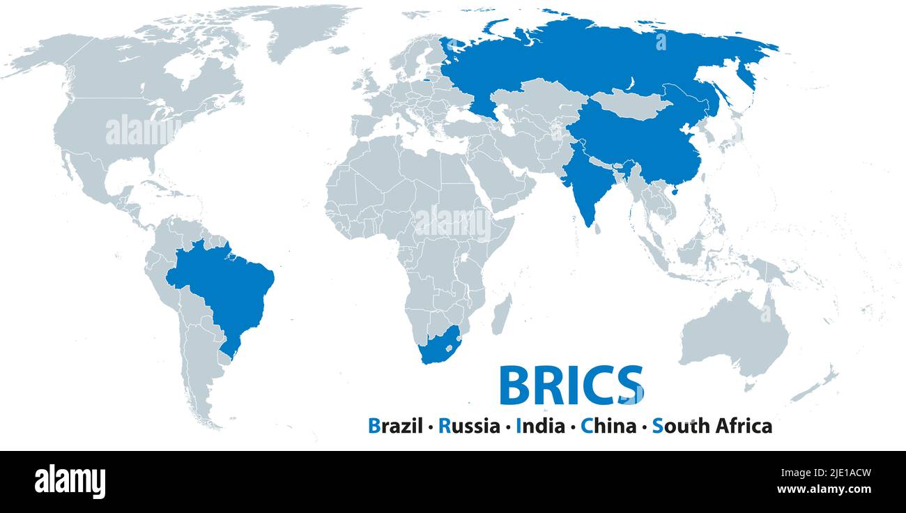 BRICS, member states, political map. Acronym coined to associate the five major emerging economies: Brazil, Russia, India, China, and South Afriica. Stock Photo