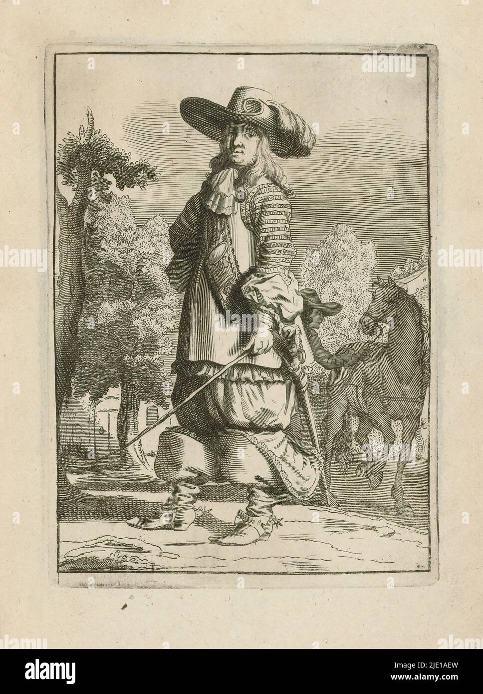 Horseman standing in landscape, dressed according to fashion about 1660, Man in equestrian costume, standing in landscape. Behind him are his horse and servant. The man is dressed in doublet with wide bandier to which his sword is attached. Wide-pocketed knee breeches and boots with wide shafts and spurs. Hat with wide brim and plume on head. Whip in left hand., print maker: Jan van Troyen, after design by: Gerbrand van den Eeckhout, publisher: Hugo Allard (I), c. 1660, paper, engraving, height 176 mm × width 128 mm Stock Photo