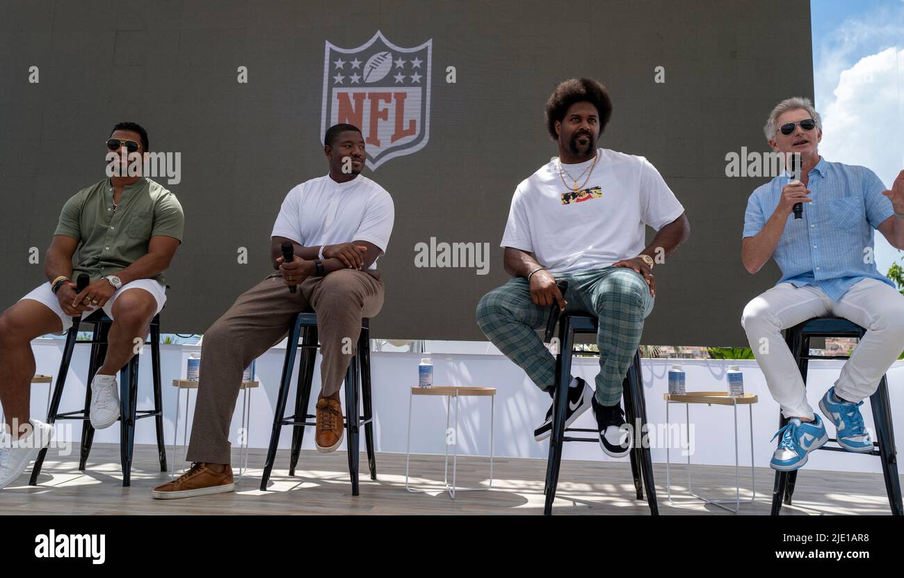 Cannes, France, 24 June 2022, Russell Wilson (NFL Athlete Denver Broncos), Kelvin Beachum (NFL Athlete), Cam Jordan (NFL Athlete New Orleans Saints), and Tim Ellis (CMO and EVP National Football League) attended Bold and Undeterred - The NFL is Transforming its Brand at Cannes Lions Festival - International Festival of Creativity © ifnm press / Alamy Live Stock Photo