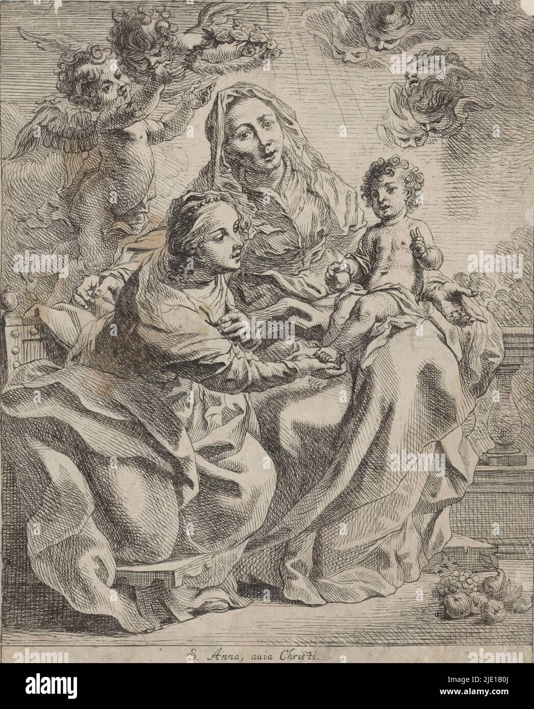 Anna in Three, S. Anna, avia Christi (title on object), Mary with Child and Saint Anna. St. Anna is seated with the Child Jesus on her lap; next to her is Mary, holding the child's feet. Angels above them. Fruits lie on the ground., print maker: Remoldus Eynhoudts, after painting by: Cornelis Schut (I), Antwerp, 1626 - 1680, paper, etching, height 273 mm × width 223 mm Stock Photo