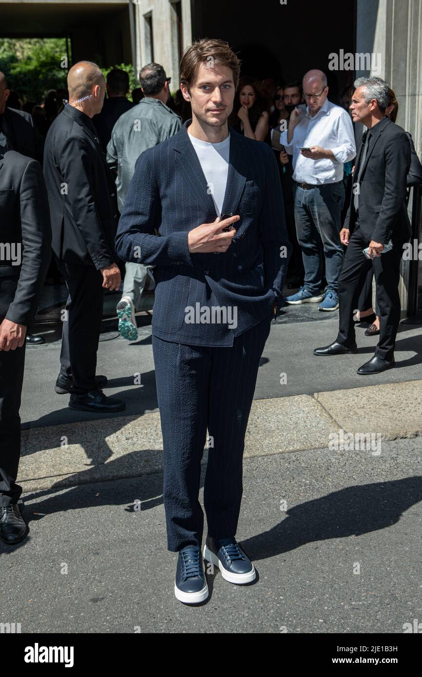 French actor Lucas Bravo guest at the Giorgio Armani fashion show of ...