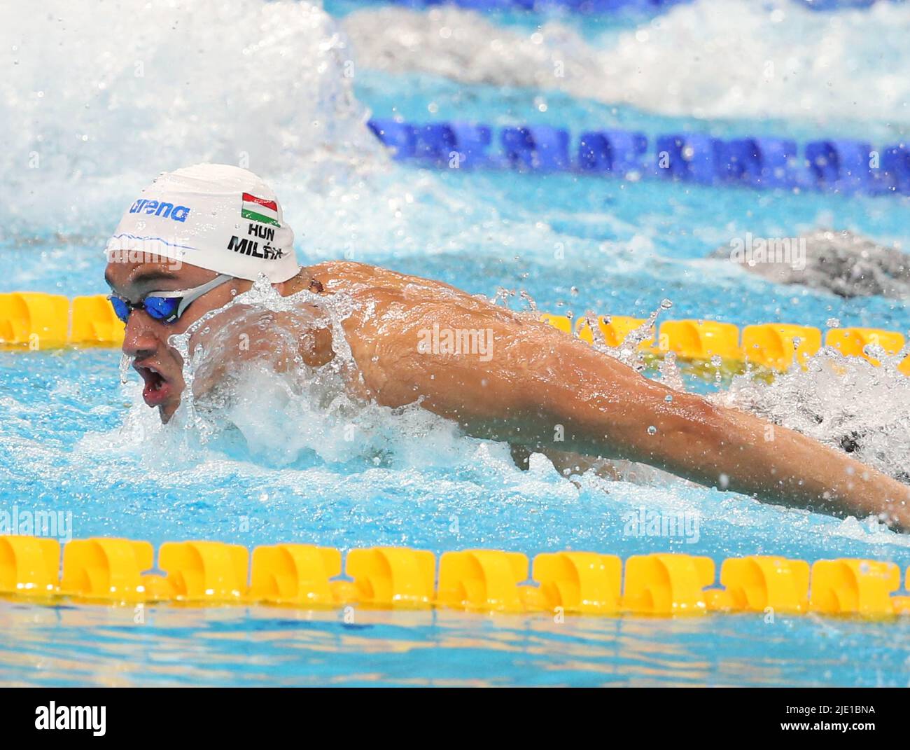 Budapest, Hungary. June 23 2022, Kristof Milak of Hongrie 1/2 Final 100 M Butterfly Men during the 19th FINA World Championships Budapest 2022, Swimming event on June 23 2022 in Budapest, Hungary. Photo by Laurent Lairys/ABACAPRESS.COM Stock Photo