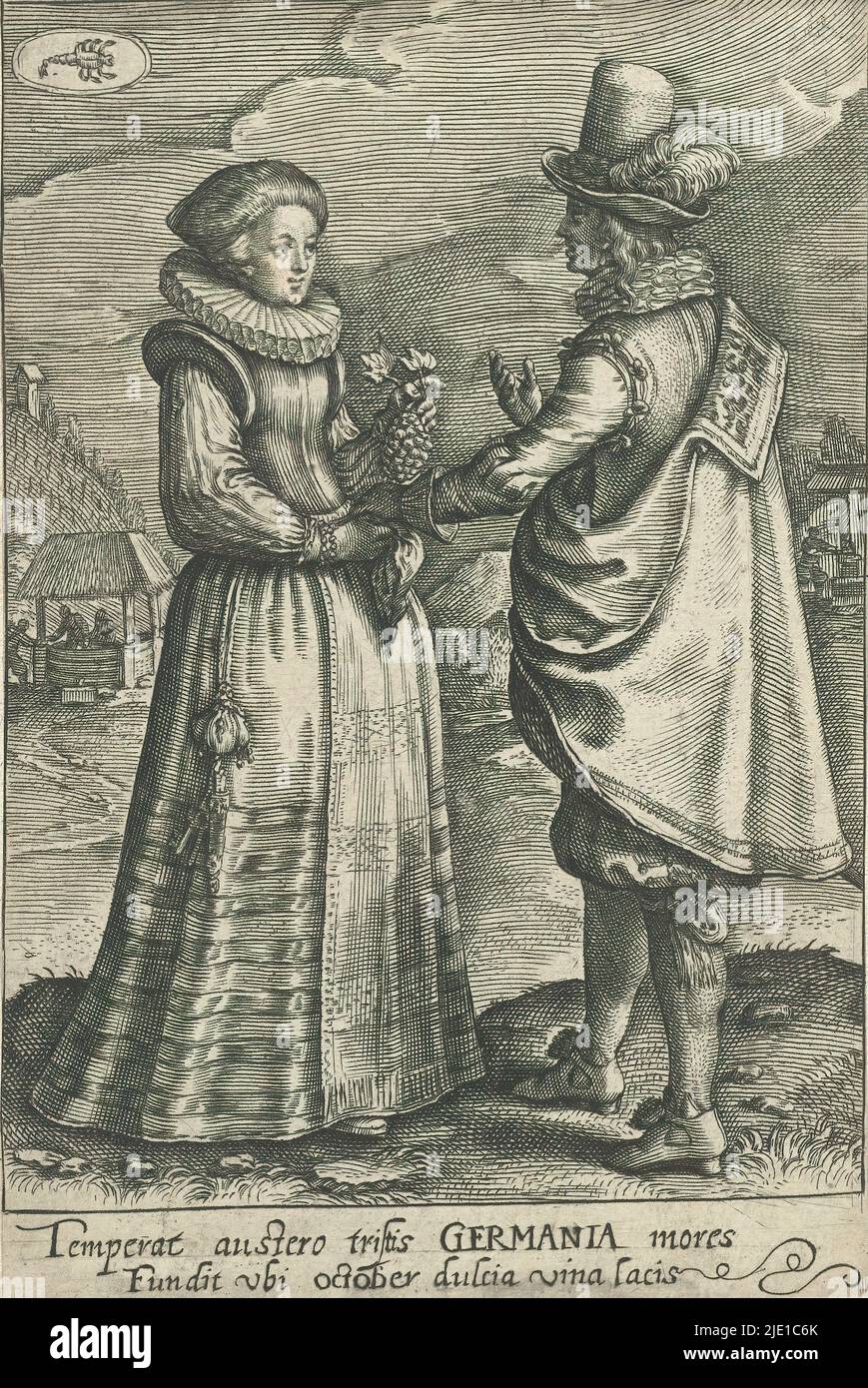 October: couple from Germany, The twelve months with couples in costumes from different countries (series title), Man and woman, dressed according to the German fashion of ca. 1620. The woman holds a bunch of grapes in her left hand and a handkerchief in her right. The man is making a speaking gesture. In the background a village with a well. In the upper left, the sign of Scorpio. In the margin a two-line caption in Latin about the wine that abounds in Germany during the month of October.  Print from a series showing the twelve months represented by signs of the zodiac and couples wearing clo Stock Photo