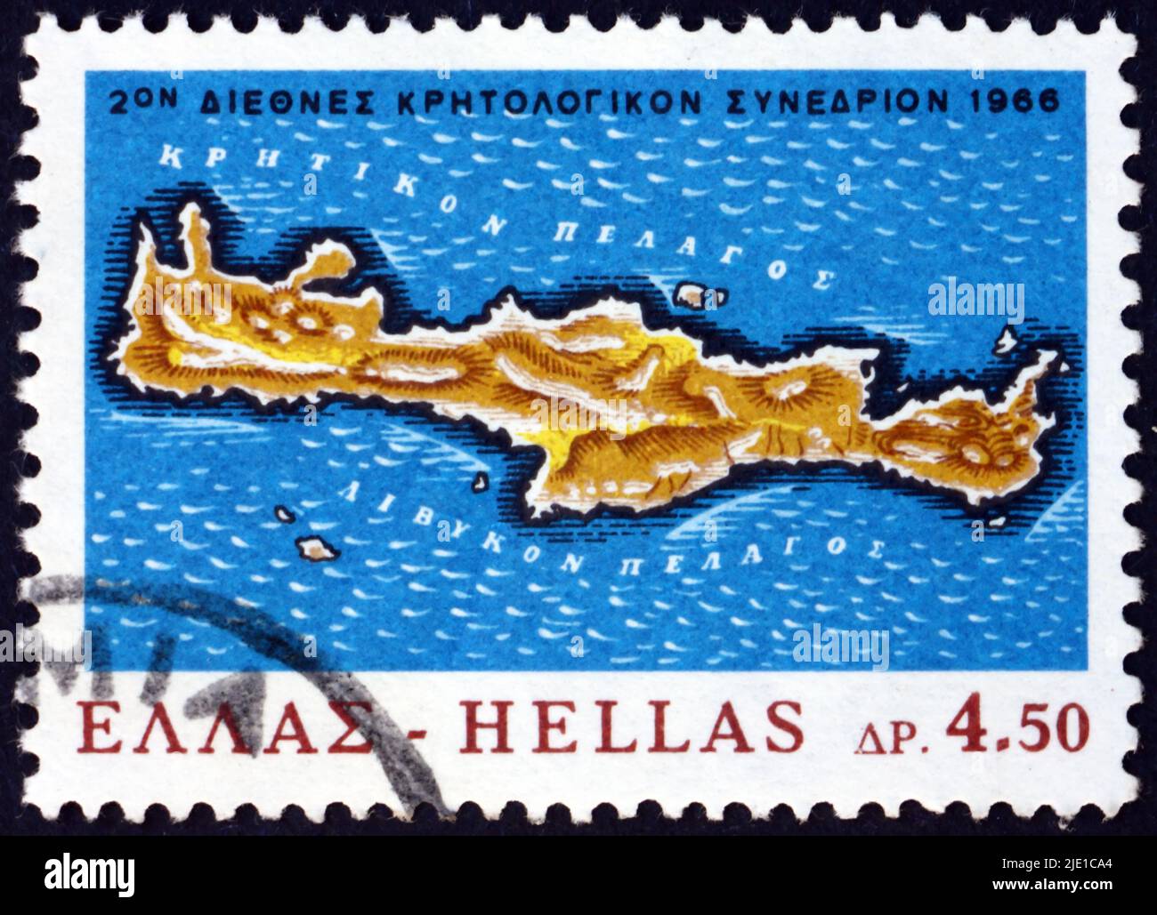 GREECE - CIRCA 1966: a stamp printed in Greece shows map of Crete, dedicated to Centenary of the Cretan revolt against the Turks, circa 1966 Stock Photo