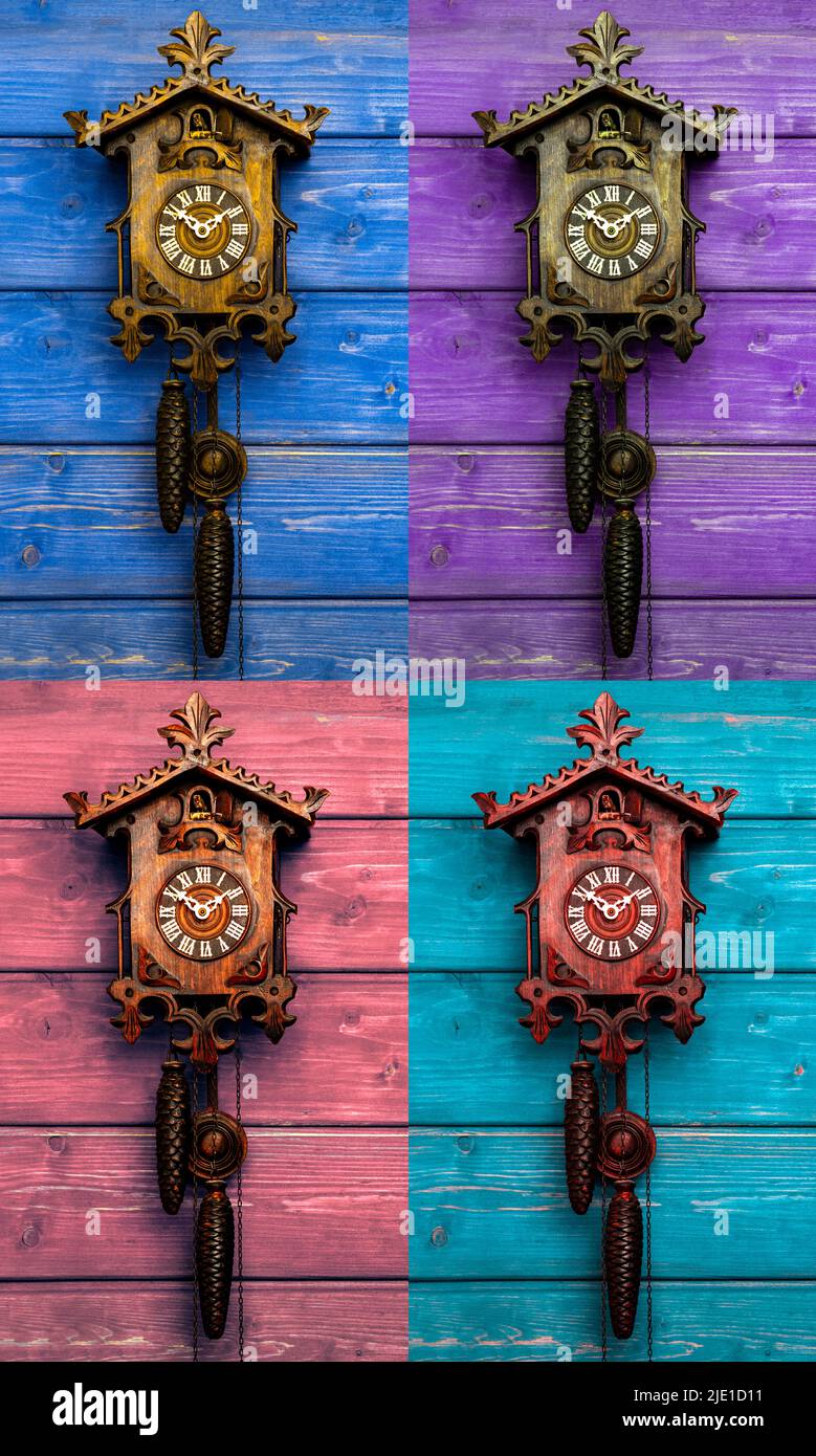 old Black Forest cuckoo clock, photographed in the style of Andy Warhol Stock Photo