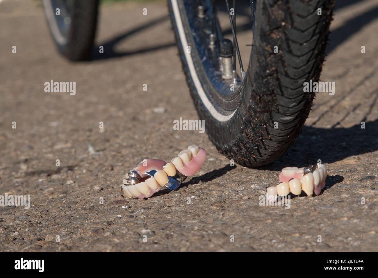 A denture lies next to a bicycle tire on the street. In order to avoid accidents, cyclists have to pay special attention to older pedestrians. Stock Photo