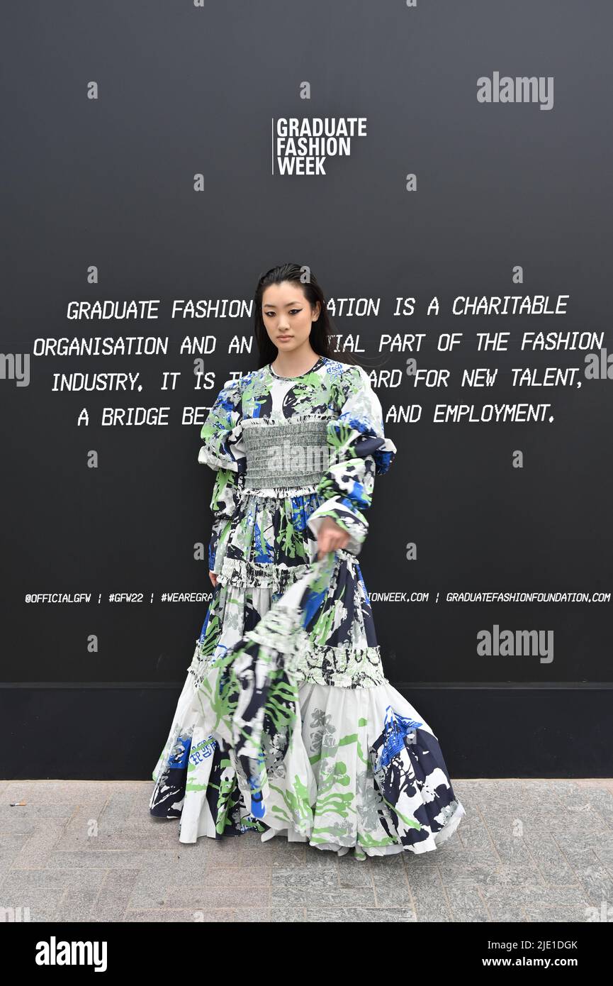 London, UK, 24/06/2022, Miss Cho is a Chinese Model wearing Graduate student designer Amelia Jackson showcases at Dome: Northumbria University Fashion Presentation at the GFW22, London, UK. Credit: See Li/Picture Capital/Alamy Live News Stock Photo