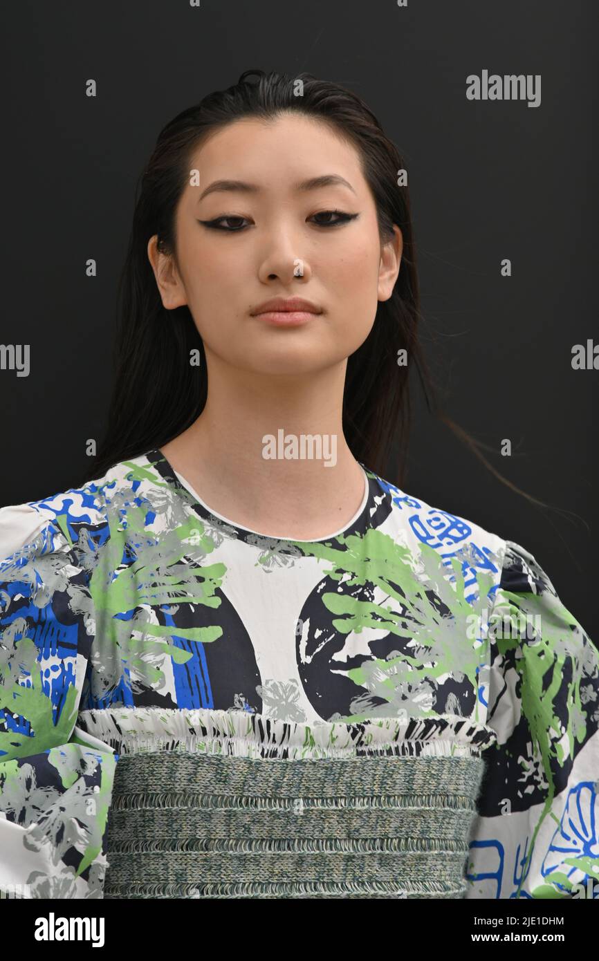 London, UK, 24/06/2022, Miss Cho is a Chinese Model wearing Graduate student designer Amelia Jackson showcases at Dome: Northumbria University Fashion Presentation at the GFW22, London, UK. Credit: See Li/Picture Capital/Alamy Live News Stock Photo