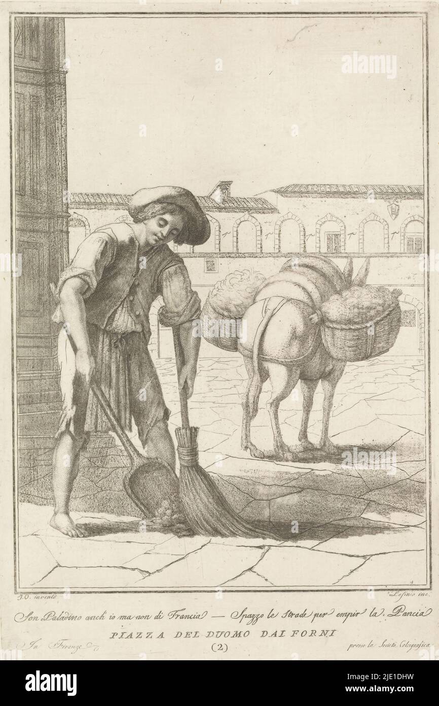 Street Sweeper, Florentine Street Vendors (series title), A street sweeper sweeps dirt with his broom on a shovel in the Piazza del Duomo in Florence. In the square a donkey with two baskets. Italian text in lower margin., print maker: Carlo Lasinio, (mentioned on object), after design by: Monogrammist JO, (mentioned on object), publisher: La Società Calcografica, (mentioned on object), print maker: Italy, after design by: Italy, publisher: Florence, 1769 - 1838, paper, etching, height 269 mm × width 180 mm Stock Photo