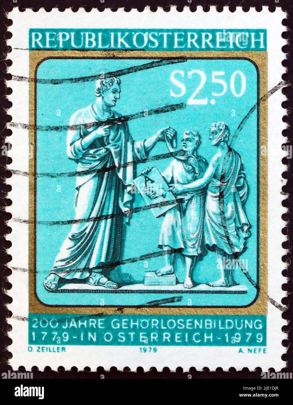 AUSTRIA - CIRCA 1979: a stamp printed in Austria shows Teacher and Pupils, sculpture by Franz Anton von Zauner, dedicated to education of the deaf in Stock Photo