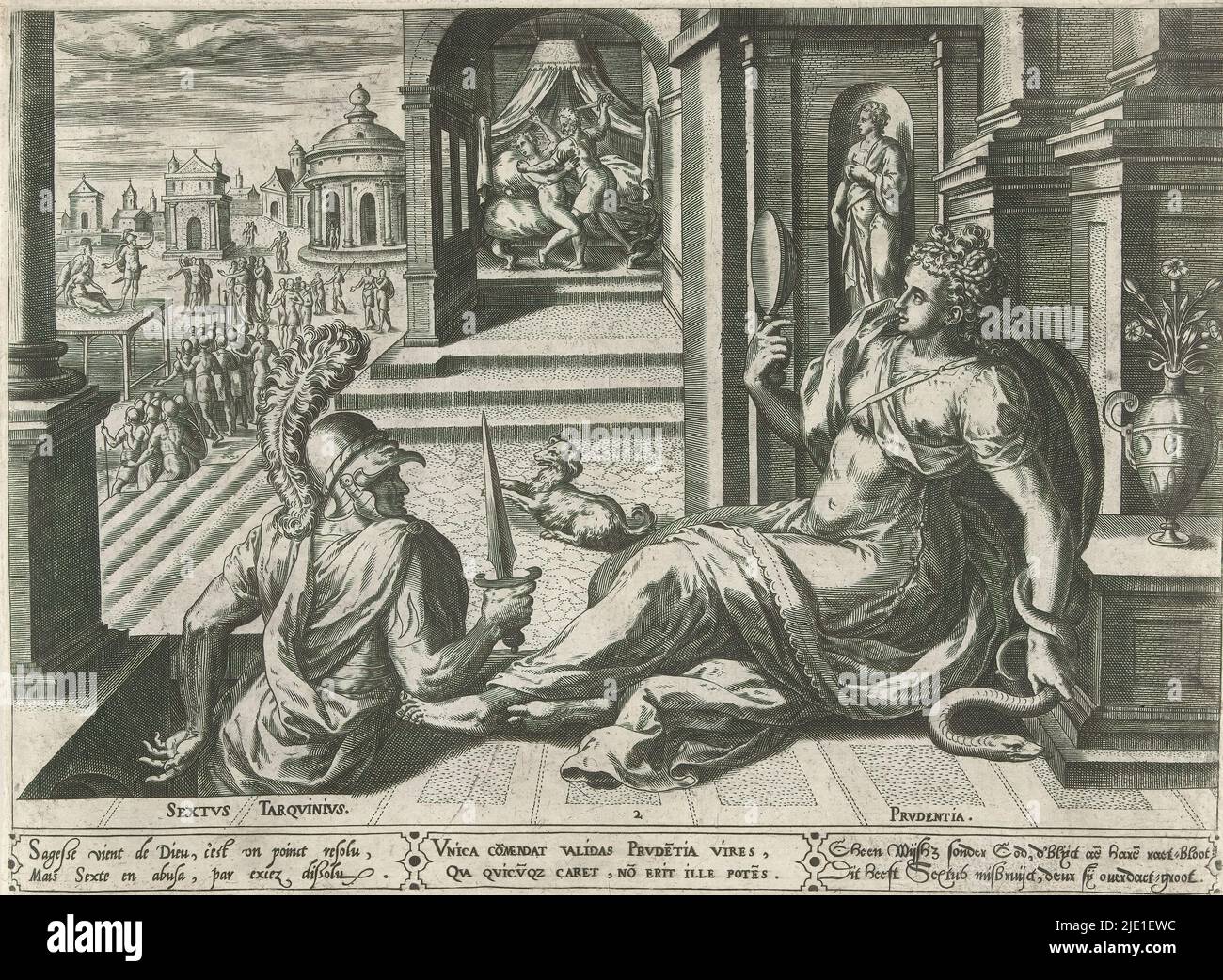 Sextus Tarquinius and Prudence (Prudentia), The seven chief virtues and their human counterparts (series title), Allegory of Prudence and Lightness. Back left, the Roman people are being roused by Lucretia's husband to oppose the Tarquinius dynasty. The print has a Latin, French and Dutch caption and is part of a series on the seven virtues., print maker: Hans Collaert (I), (mentioned on object), after design by: Crispijn van den Broeck, (attributed to), publisher: Adriaen Huybrechts (I), (mentioned on object), Antwerp, 1576, paper, engraving, height 188 mm × width 258 mm Stock Photo