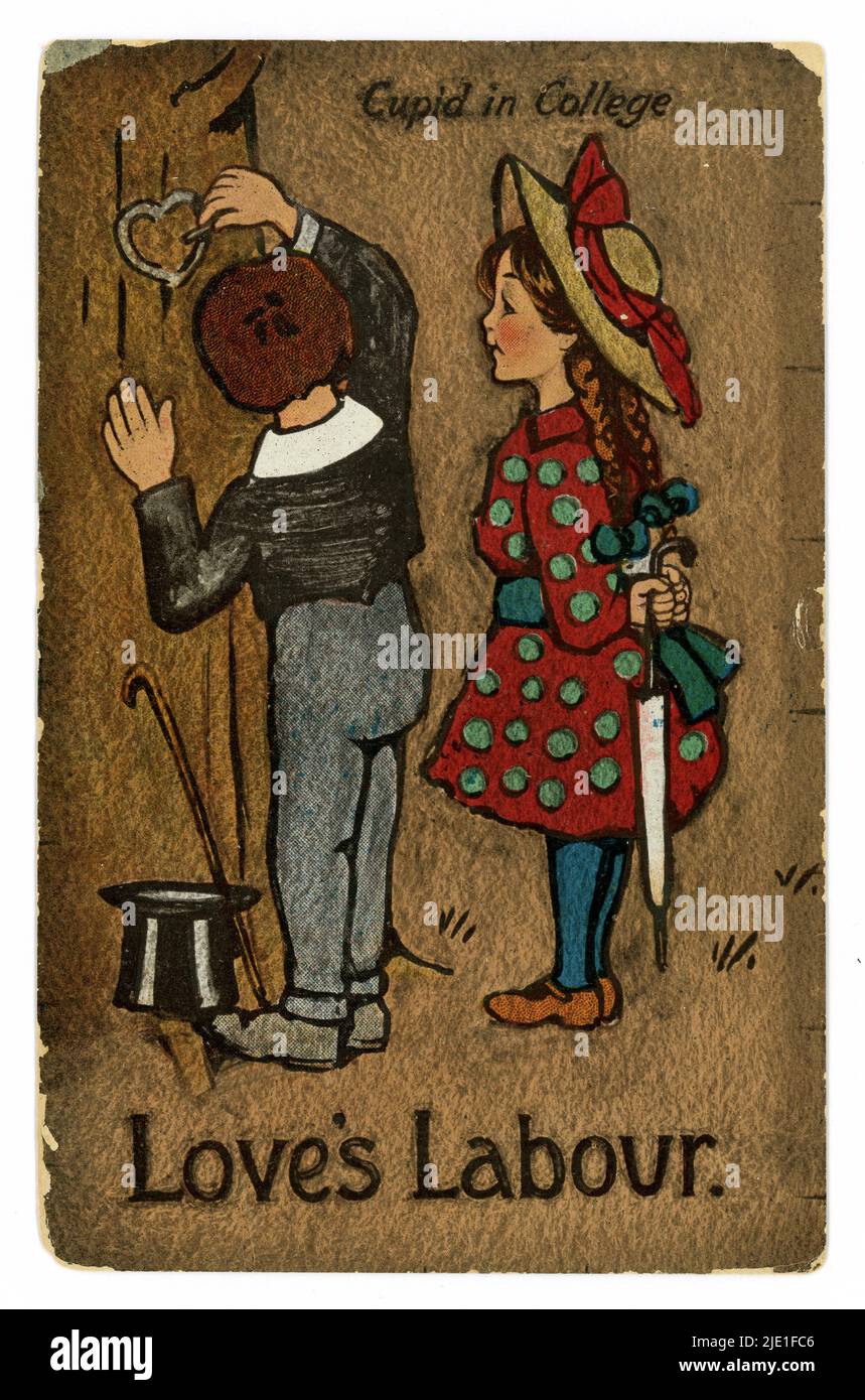 Original charming illustrated Edwardian era postcard of boy in Tam O'Shanter, hat and a cute girl in a straw hat. The boy carves a love heart in a tree, while the girl looks on. The caption is 'Cupid in College, Love's Labour', Could make a nice Valentines Day card . Posted / dated September 1911 Stock Photo