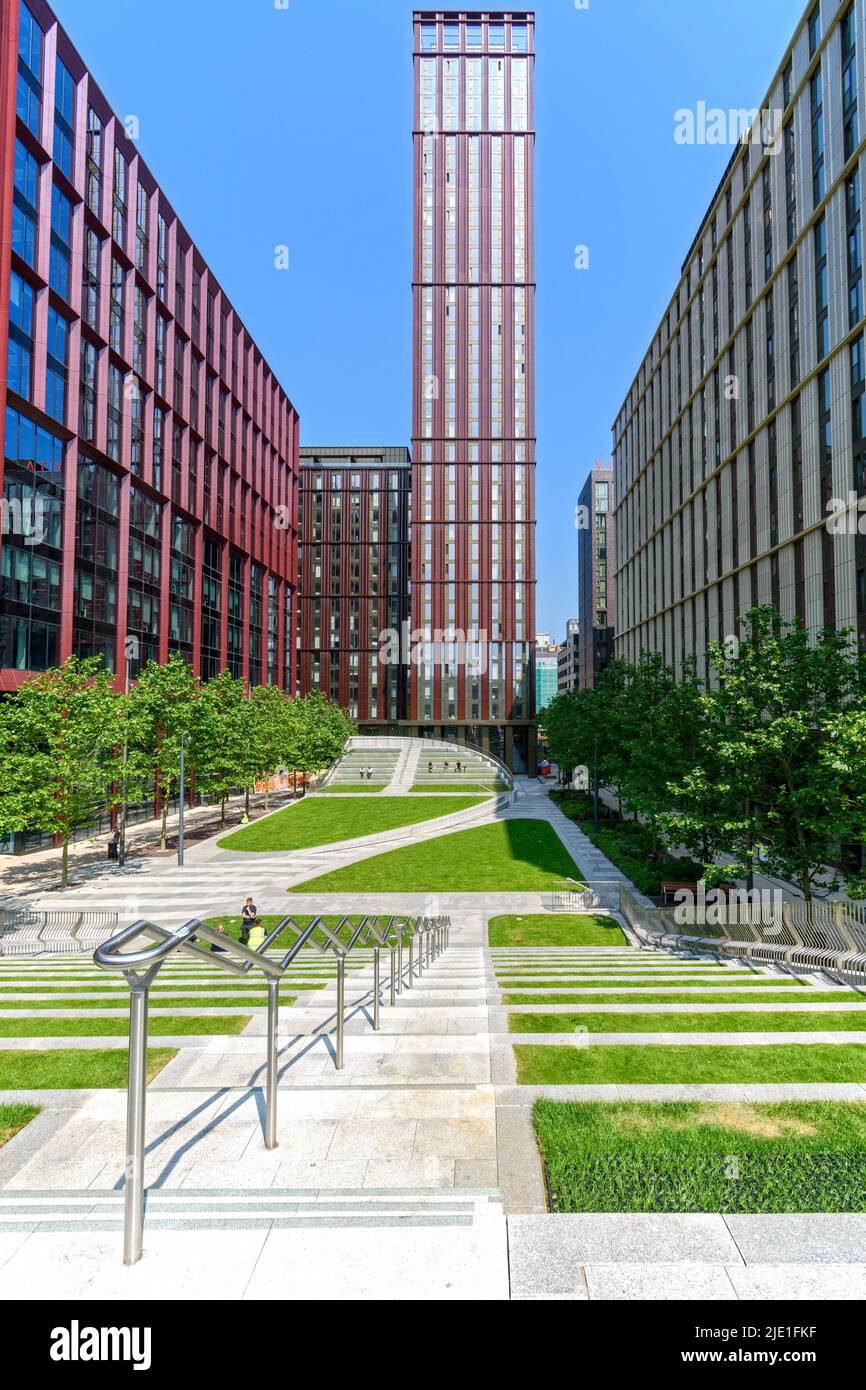 Blocks 4, 5 and 6, and the Vita student apartment block,  from 'The Green' at the Circle Square development, Manchester, England, UK Stock Photo