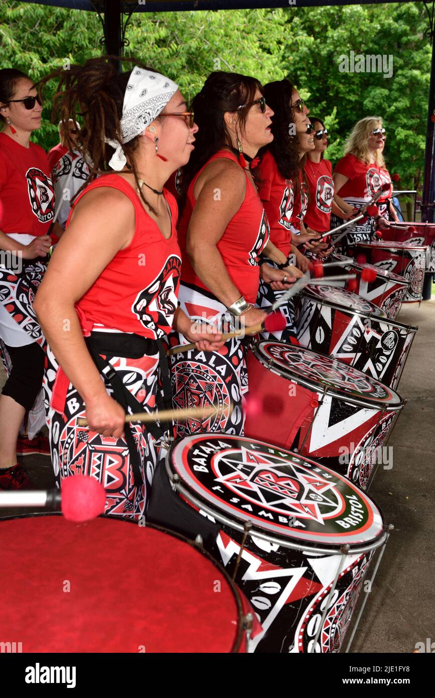 Batala drumming band performing in outdoor bandstand, Bristol, UK Stock Photo