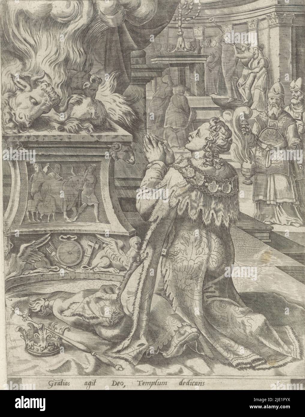 Solomon prays at the dedication of the temple, Story of Solomon (series title), Solomon kneels in a temple to thank God for the temple. Before him an altar of sacrifice on which is a ram and a cow's head. Next to him are his crown and scepter. In the background a priest with a censer and several figures with a trumpet. At the bottom in the margin a one-line caption in Latin., print maker: anonymous, print maker: Pieter van der Heyden, (attributed to), after design by: Maarten van Heemskerck, print maker: Low Countries, print maker: Antwerp, publisher: Antwerp, publisher: Antwerp, 1554 - 1595, Stock Photo