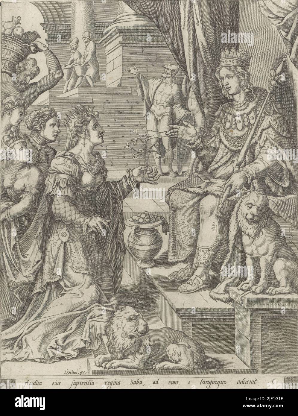 Visit of the Queen of Seba to Solomon, Story of Solomon (series title), Solomon sits on his throne. Before him kneels the Queen of Seba with flowers in her hand. Near her is a jar of coins. Behind her some servants with more gifts. Below in the margin a one-line caption in Latin., print maker: anonymous, print maker: Pieter van der Heyden, (attributed to), after design by: Maarten van Heemskerck, print maker: Low Countries, print maker: Antwerp, publisher: Antwerp, 1560 - 1595, paper, engraving, height 256 mm × width 198 mm Stock Photo